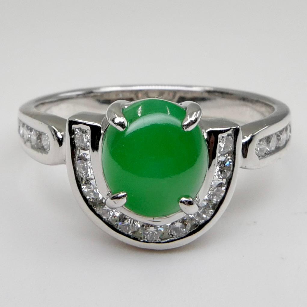 Certified 7.5mm x 6.6mm Apple Green Jade & Diamond Horseshoe Ring. Double Luck! For Sale 3