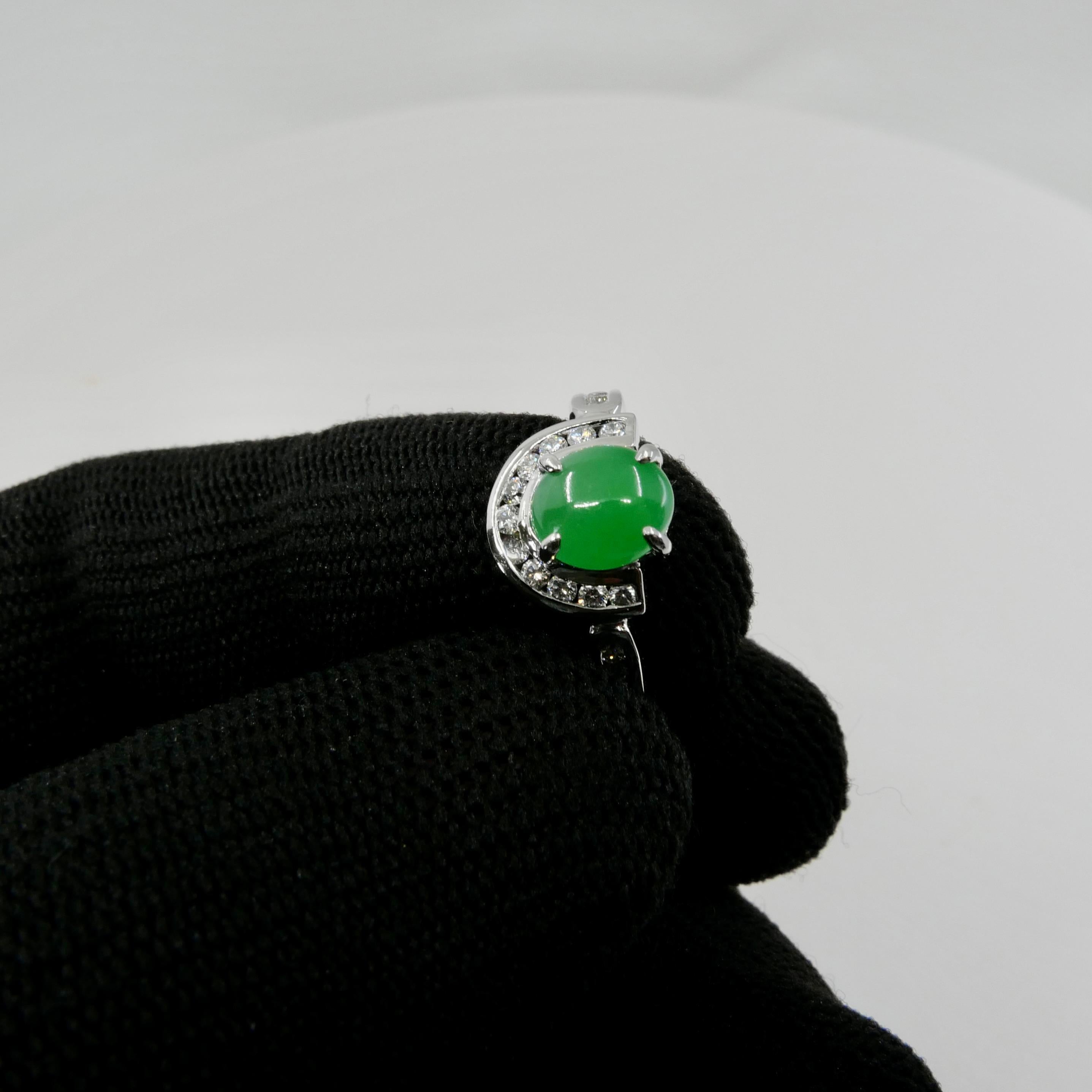 Certified 7.5mm x 6.6mm Apple Green Jade & Diamond Horseshoe Ring. Double Luck! For Sale 6