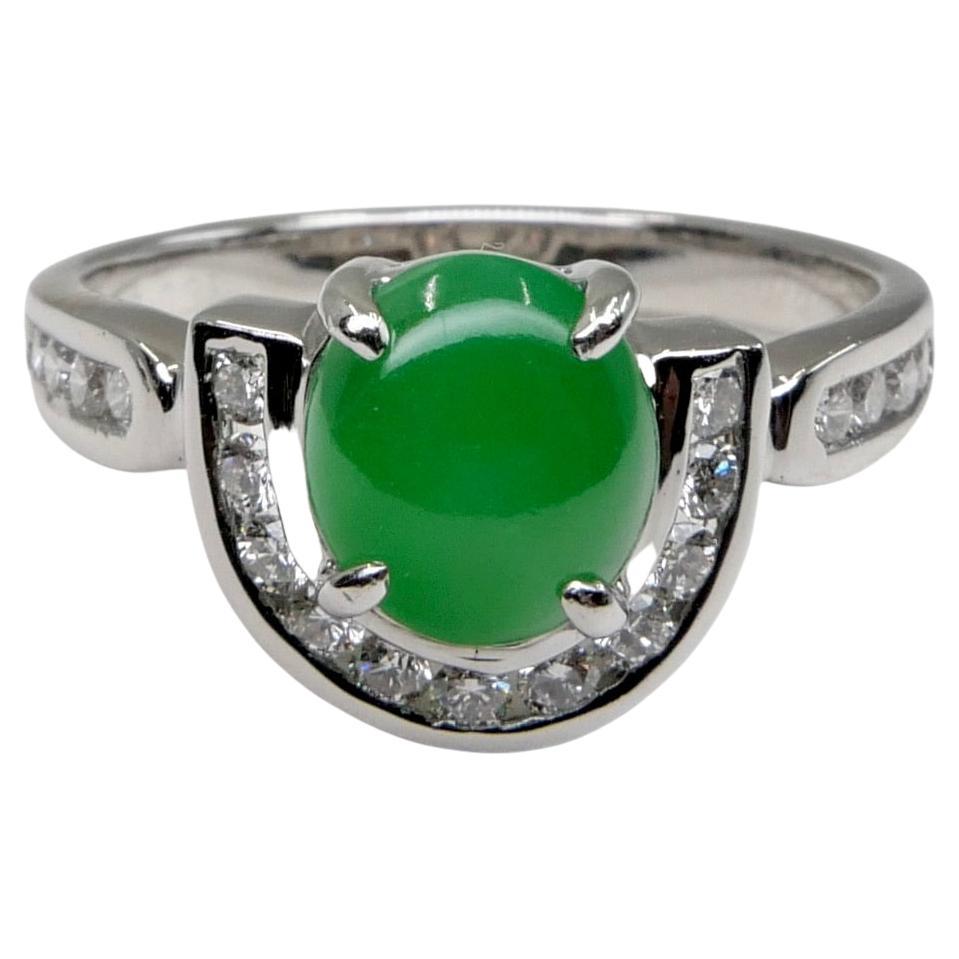 Certified Apple Green Jade & Diamond Horseshoe Cocktail Ring, Double Luckiness For Sale 8