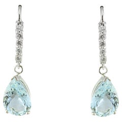 Boucles d'oreilles aigue-marine naturelle avec diamant en or blanc massif 14 carats 