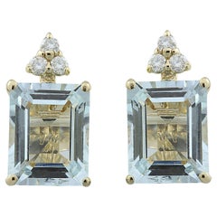 Natural Aquamarine 14 Karat Solid Yellow Gold Diamond Earrings