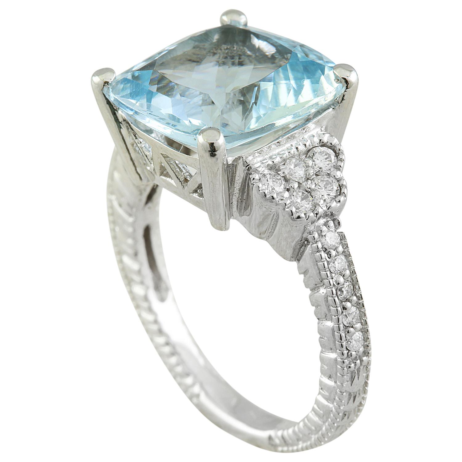 6.45 Carat Natural Aquamarine 14 Karat Solid White Gold Diamond Ring
Stamped: 14K 
Total Ring Weight: 6.7 Grams
Aquamarine Weight: 6.20 Carat (12.00x12.00 Millimeters) 
Diamond Weight: 0.25 Carat (F-G Color, VS2-SI1 Clarity )
Quantity: 20 
Face