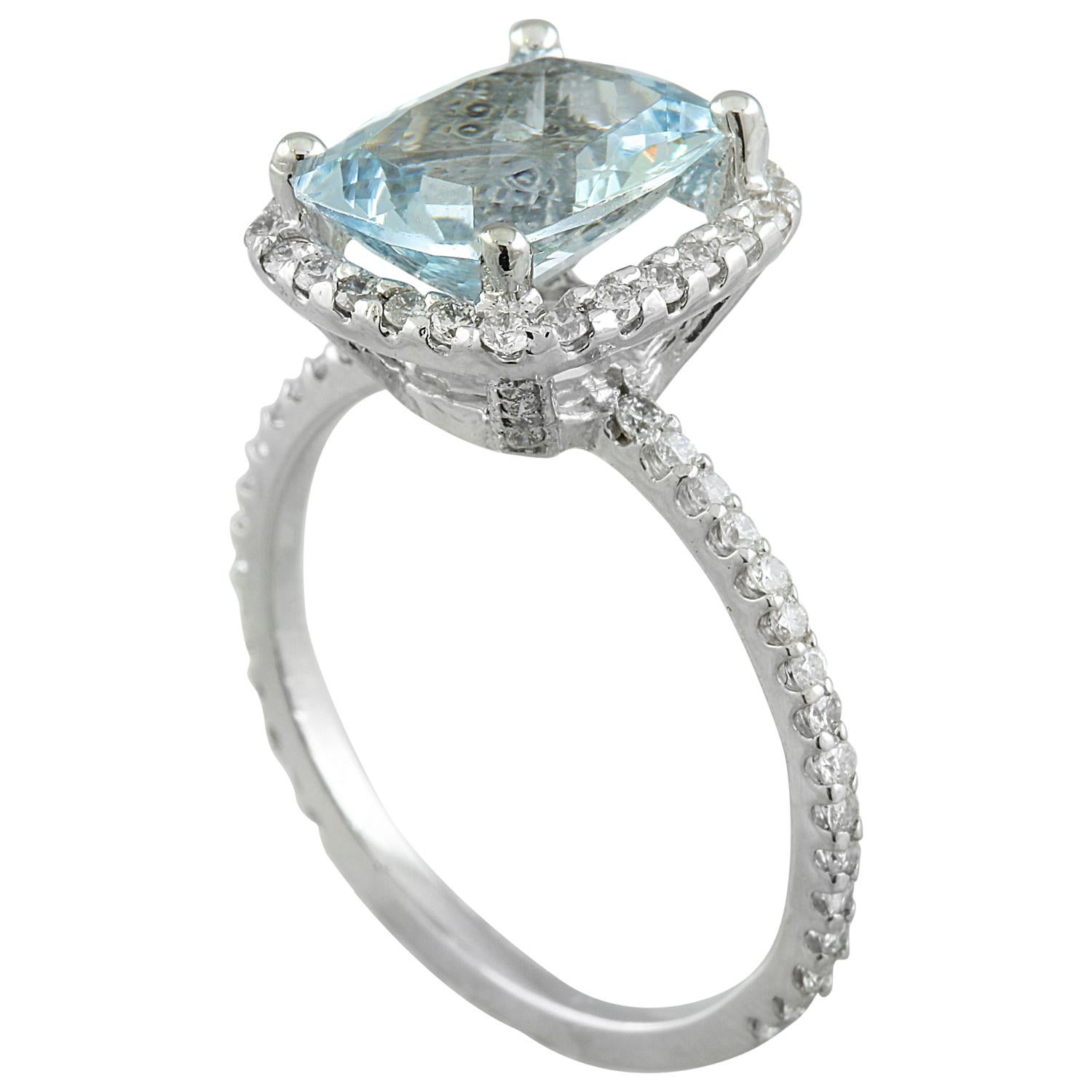 Cushion Cut Natural Aquamarine 14 Karat White Gold Diamond Ring For Sale