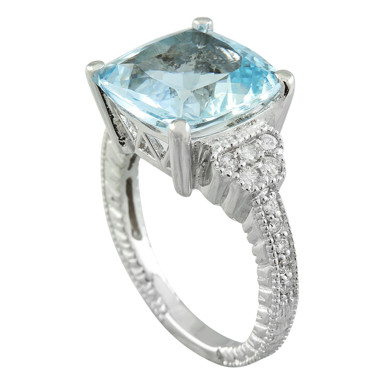 Cushion Cut Natural Aquamarine Diamond Ring in 14 Karat White Gold  For Sale