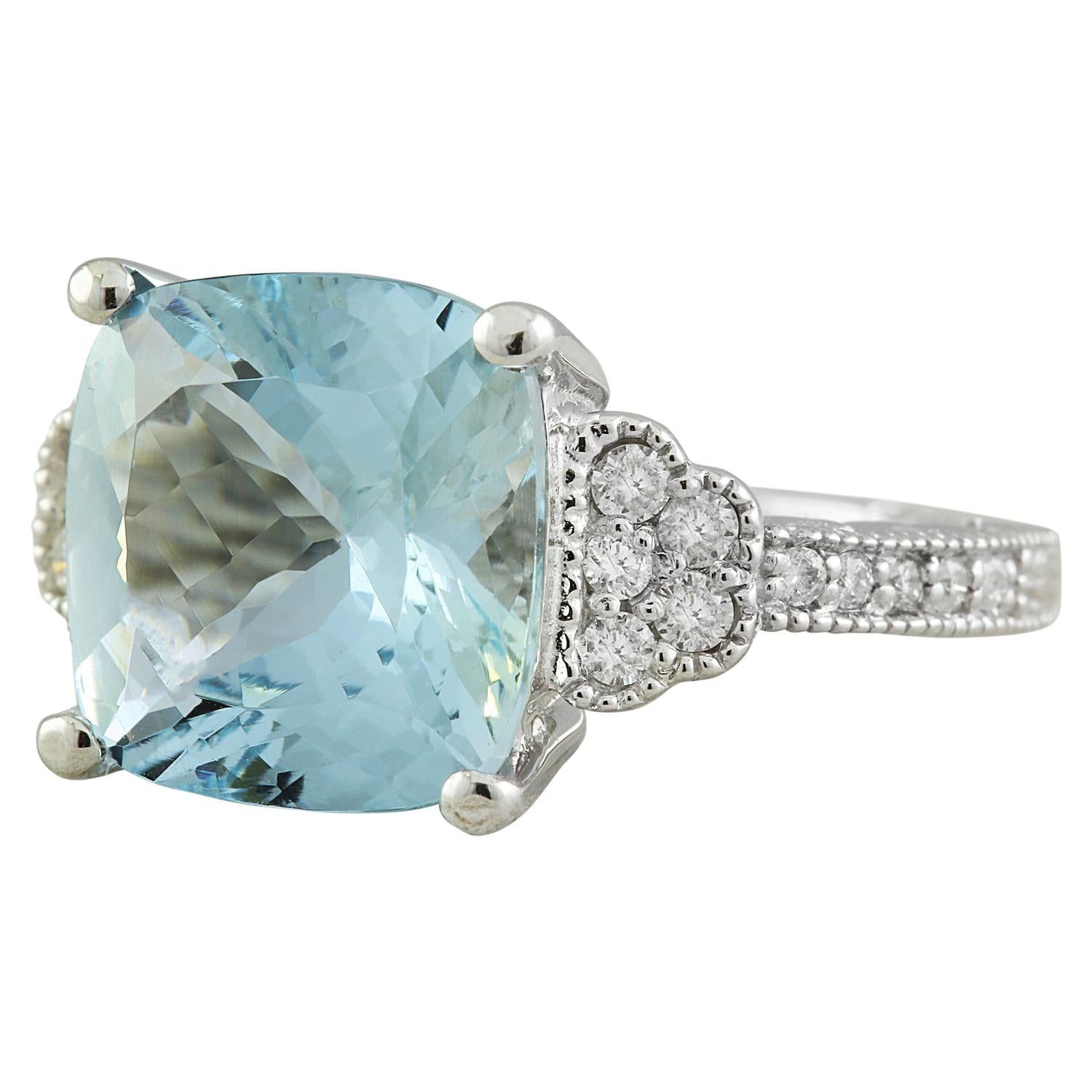 Cushion Cut Natural Aquamarine Diamond Ring In 14 Karat White Gold For Sale