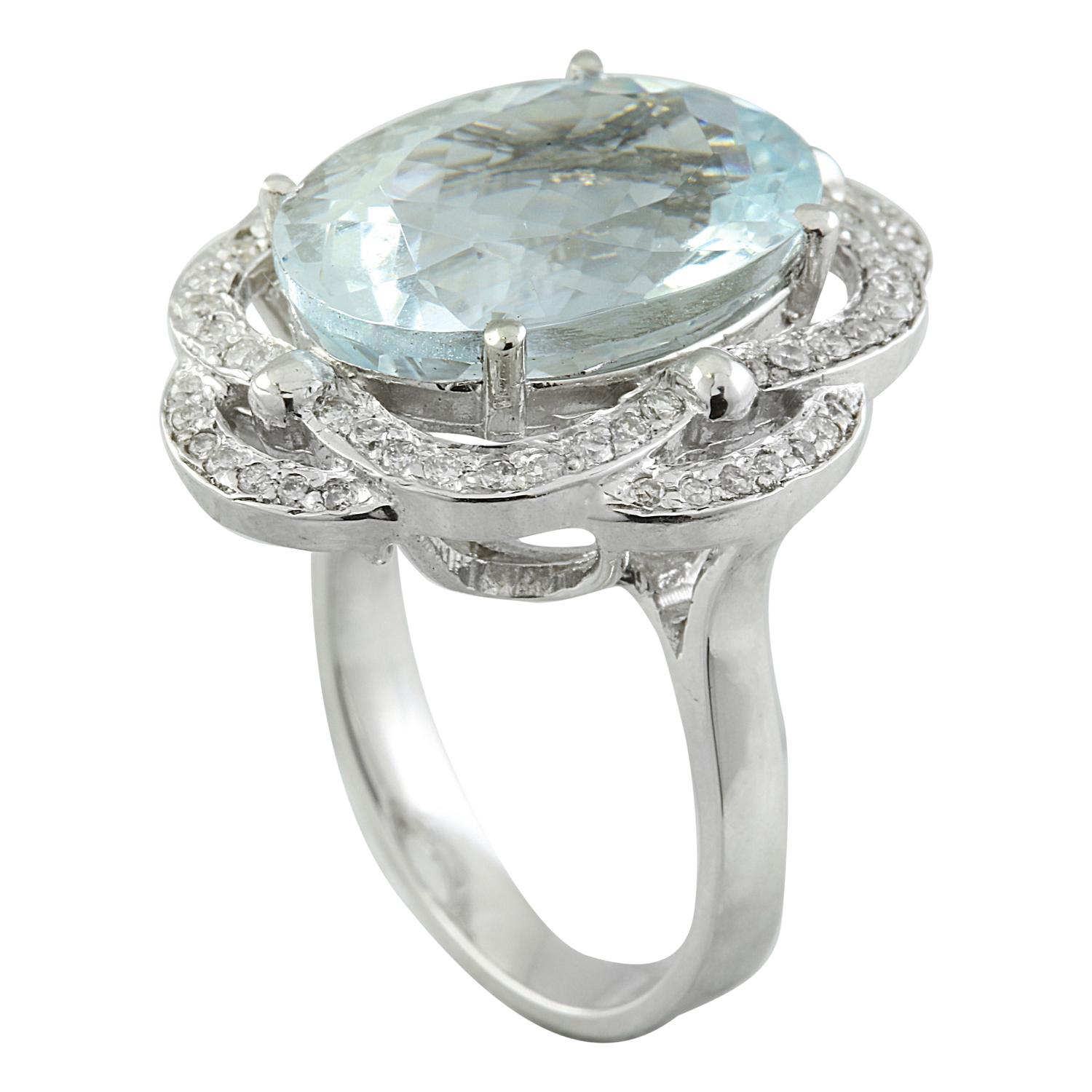 Oval Cut Natural Aquamarine Diamond Ring In 14 Karat White Gold  For Sale