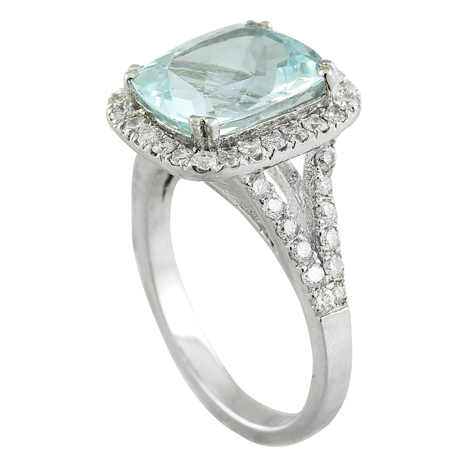 Cushion Cut Natural Aquamarine Diamond Ring In 14 Karat White Gold  For Sale