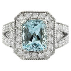 Natural Aquamarine Diamond Ring In 14 Karat White Gold