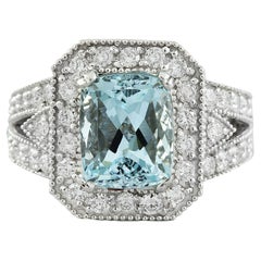 Natural Aquamarine Diamond Ring In 14 Karat White Gold 