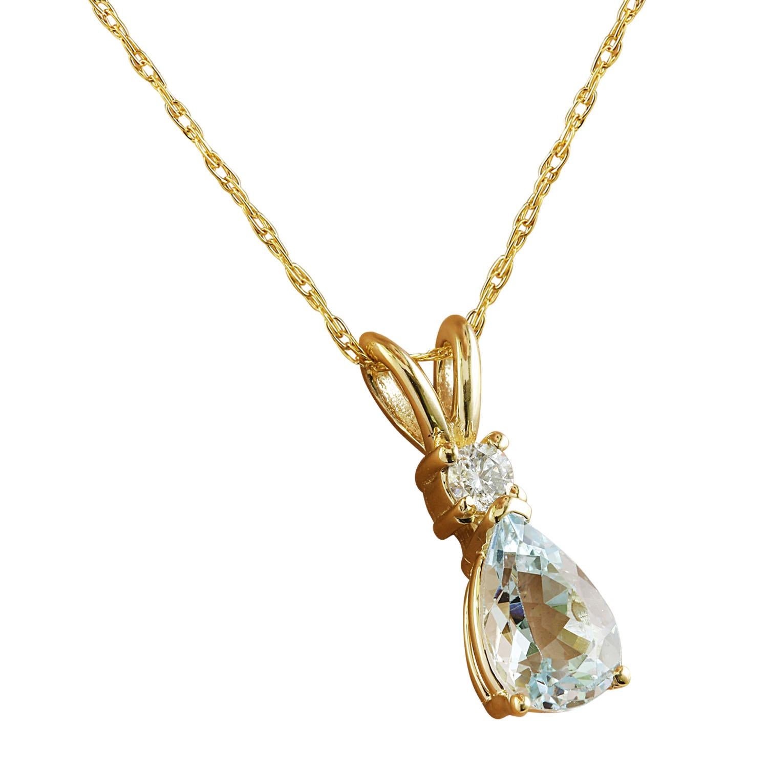 Pear Cut Natural Aquamarine Diamond Necklace In 14 Karat Yellow Gold  For Sale