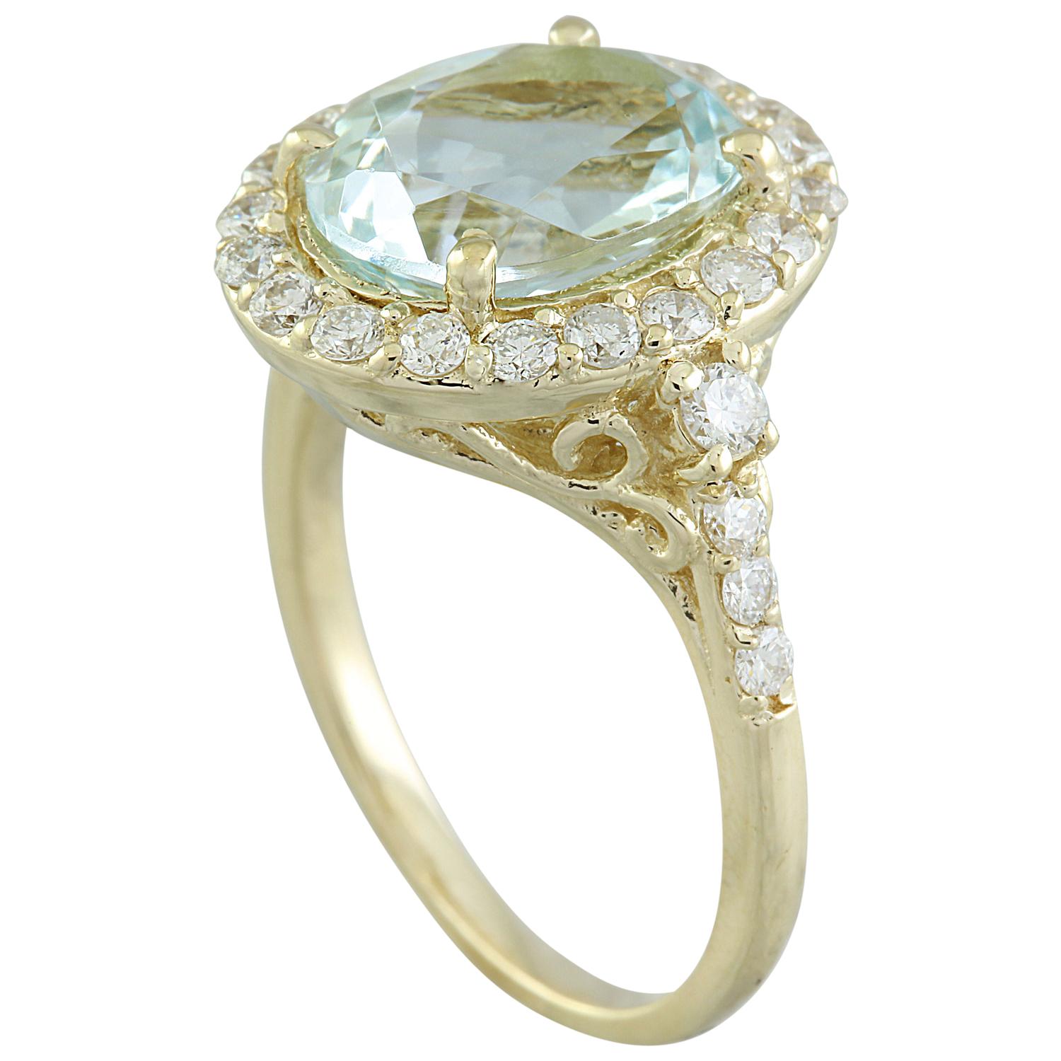3.81 Carat Natural Aquamarine 14 Karat Solid Yellow Gold Diamond Ring
Stamped: 14K 
Total Ring Weight: 5.6 Grams 
Aquamarine Weight: 3.11 Carat (11.00x9.00 Millimeters)
Diamond Weight: 0.70 Carat (F-G Color, VS2-SI1 Clarity )
Quantity: 28
Face