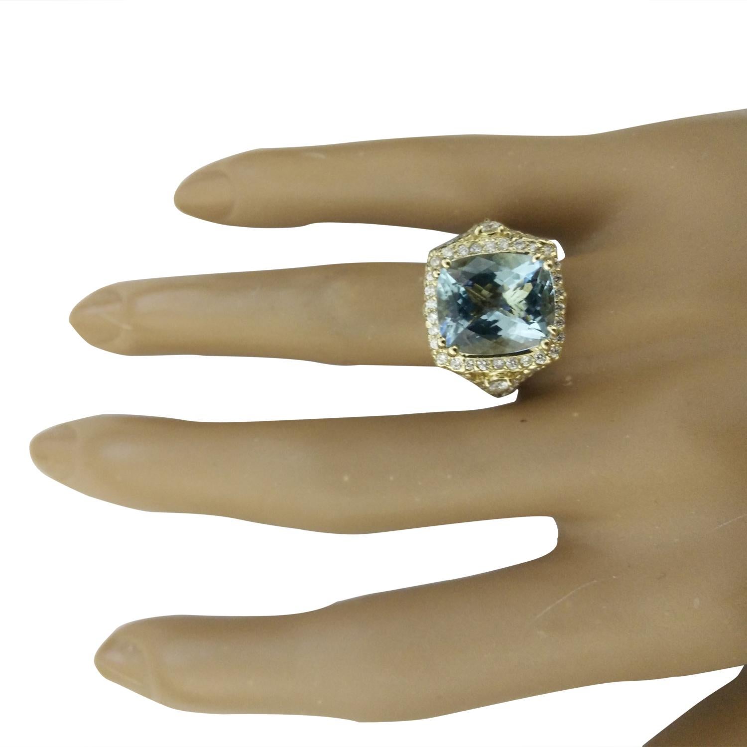 6.17 Carat Natural Aquamarine 14 Karat Solid Yellow Gold Diamond Ring
Stamped: 14K 
Total Ring Weight: 8.8 Grams 
Aquamarine Weight: 5.17 Carat (12.00x10.00 Millimeters)  
Diamond Weight: 1.00 Carat (F-G Color, VS2-SI1 Clarity )
Face Measures: