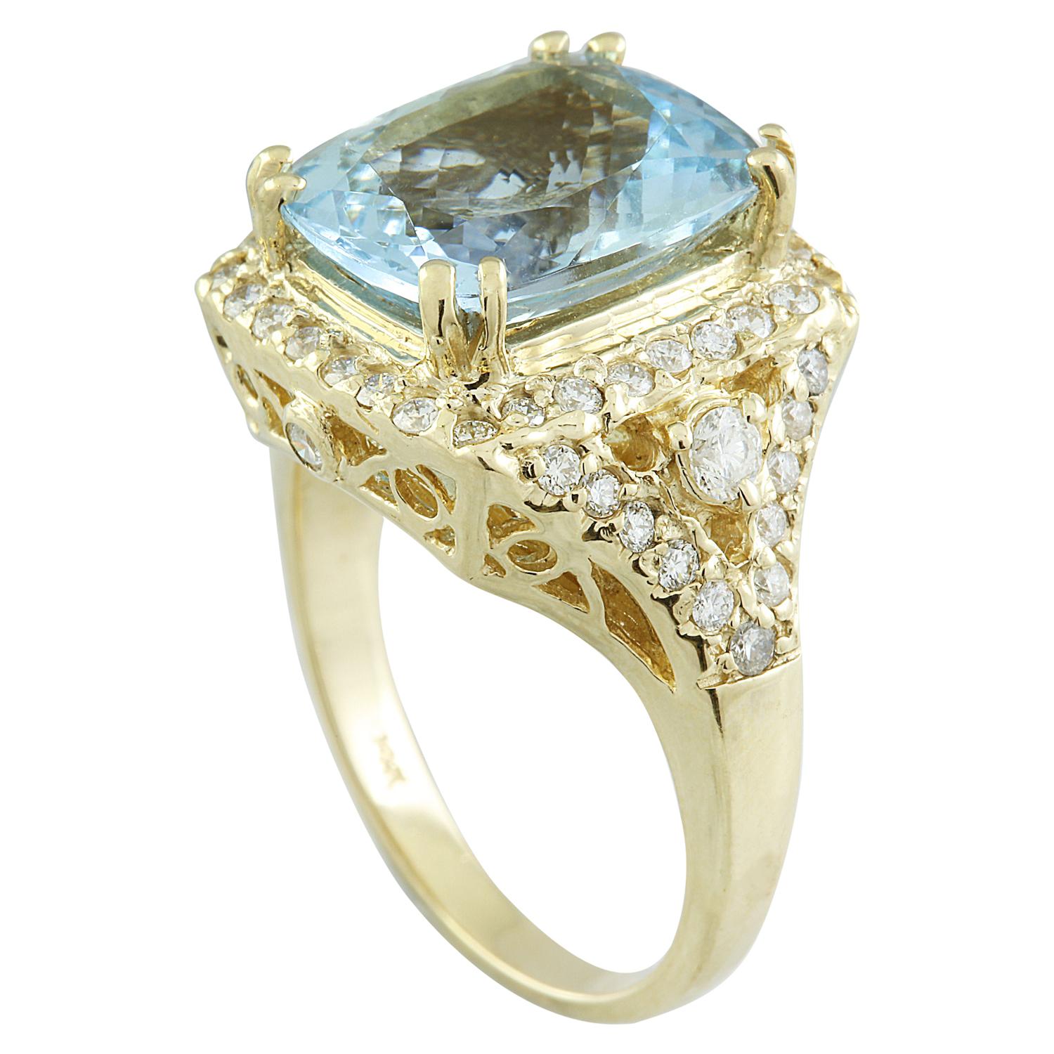 Cushion Cut Natural Aquamarine Diamond Ring In 14 Karat Yellow Gold  For Sale