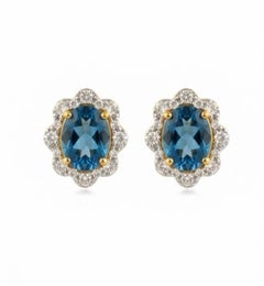 Elegant 14k Gold Aquamarine and Diamond Halo Stud Earrings, India