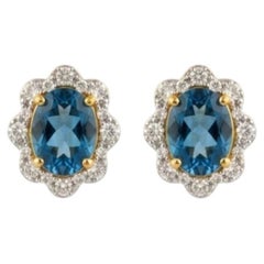 Elegant 14k Gold Aquamarine and Diamond Halo Stud Earrings, India
