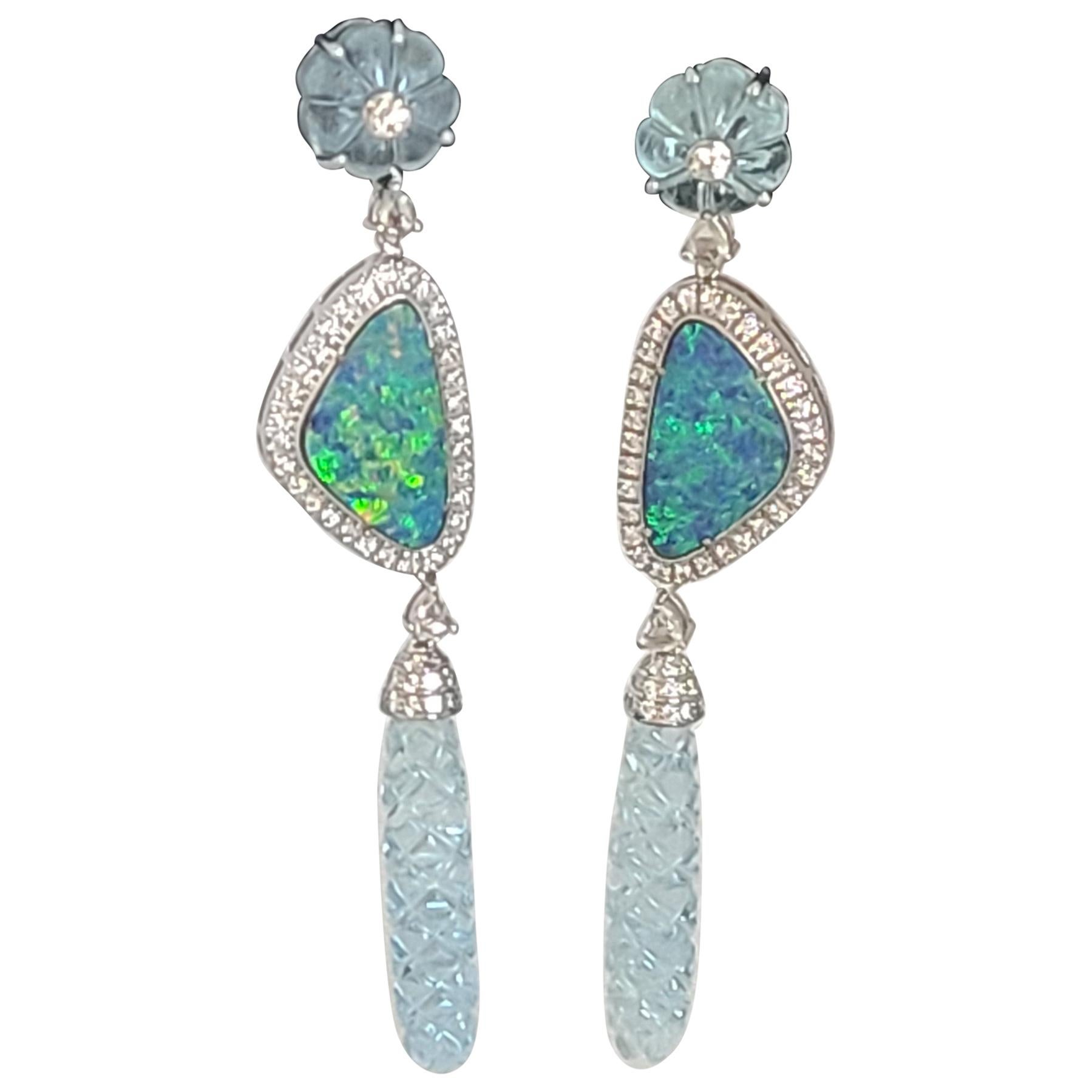 Natural Aquamarine and Australian Opal Earring Set in 18 Karat Gold with Diamond