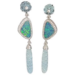 Natural Aquamarine and Australian Opal Earring Set in 18 Karat Gold with Diamond