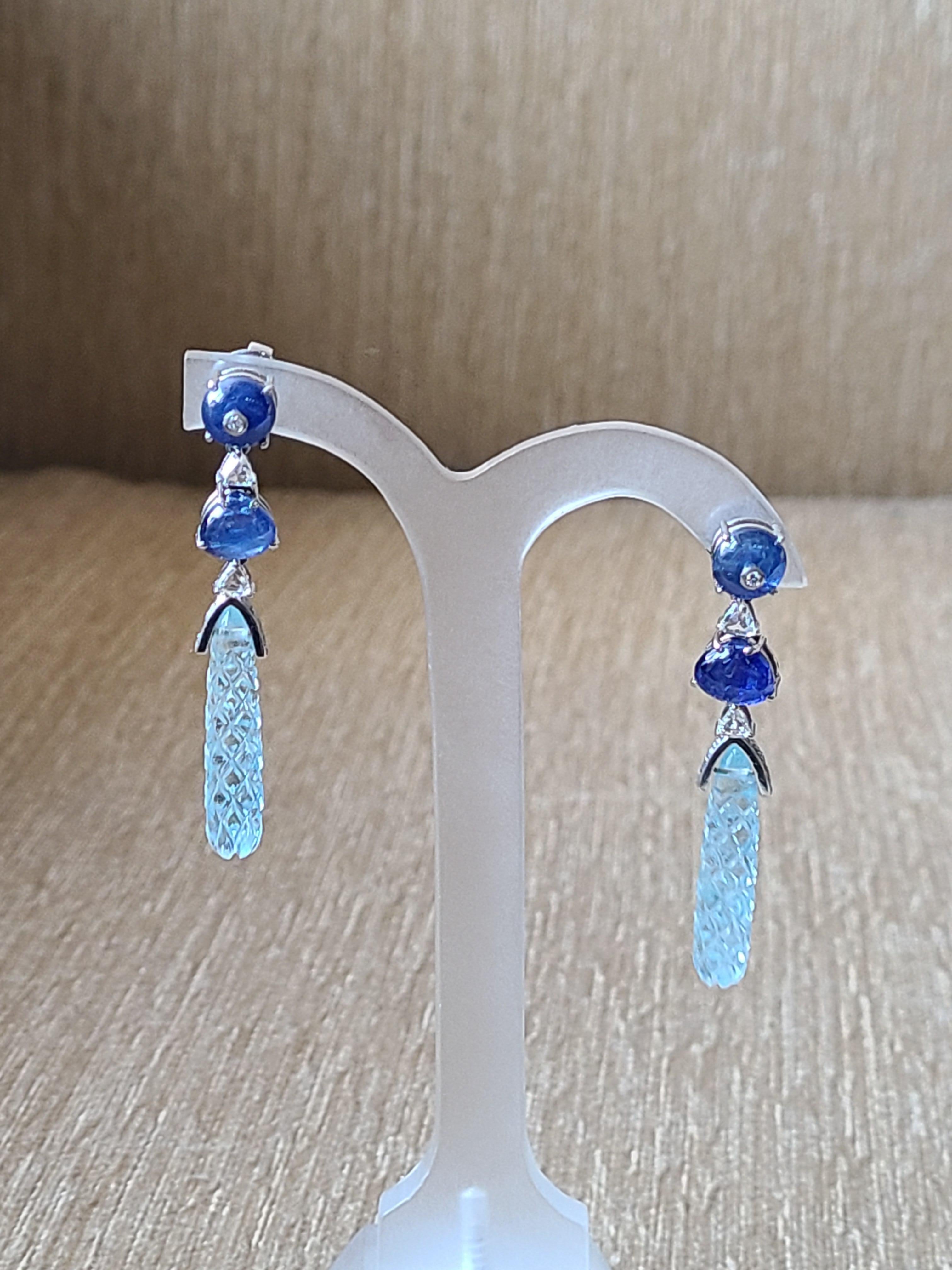 Modern Natural Aquamarine and Blue Sapphire Earrings Set in 18 Karat Gold with Diamonds
