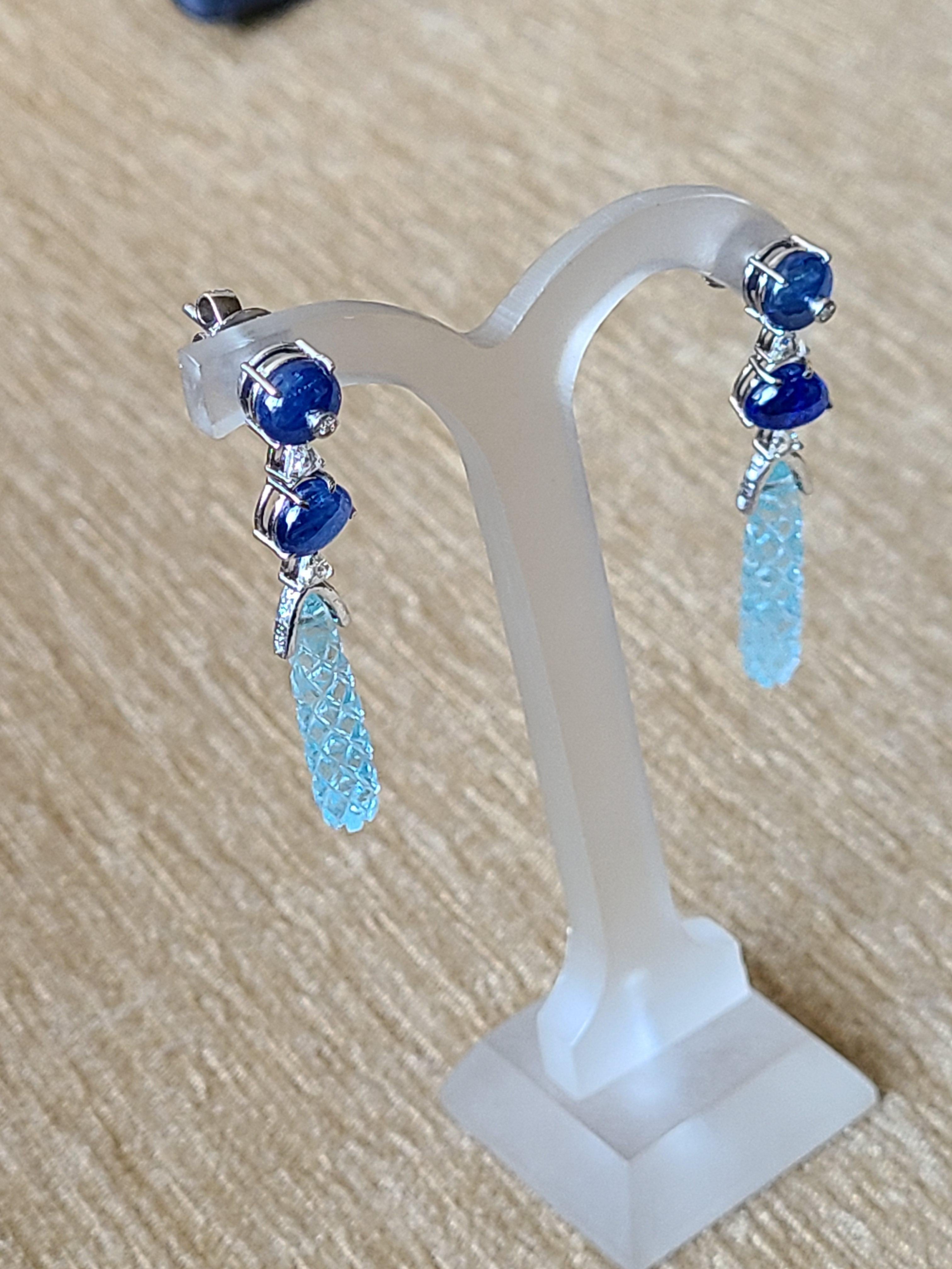 Cabochon Natural Aquamarine and Blue Sapphire Earrings Set in 18 Karat Gold with Diamonds