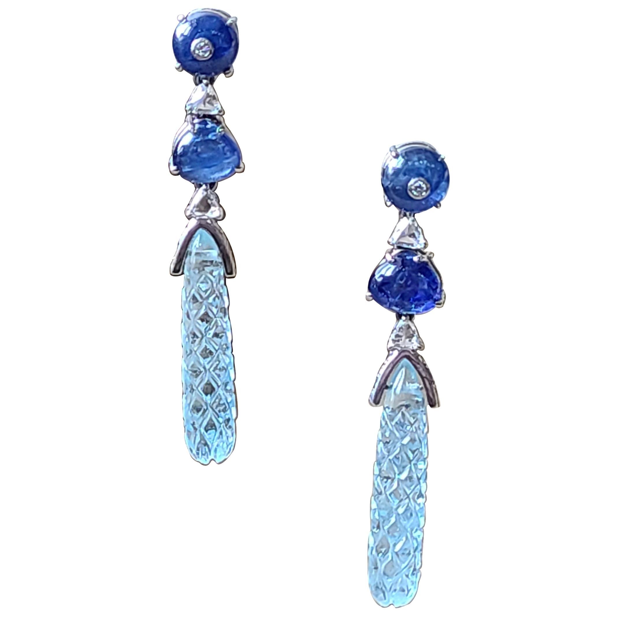 Natural Aquamarine and Blue Sapphire Earrings Set in 18 Karat Gold with Diamonds