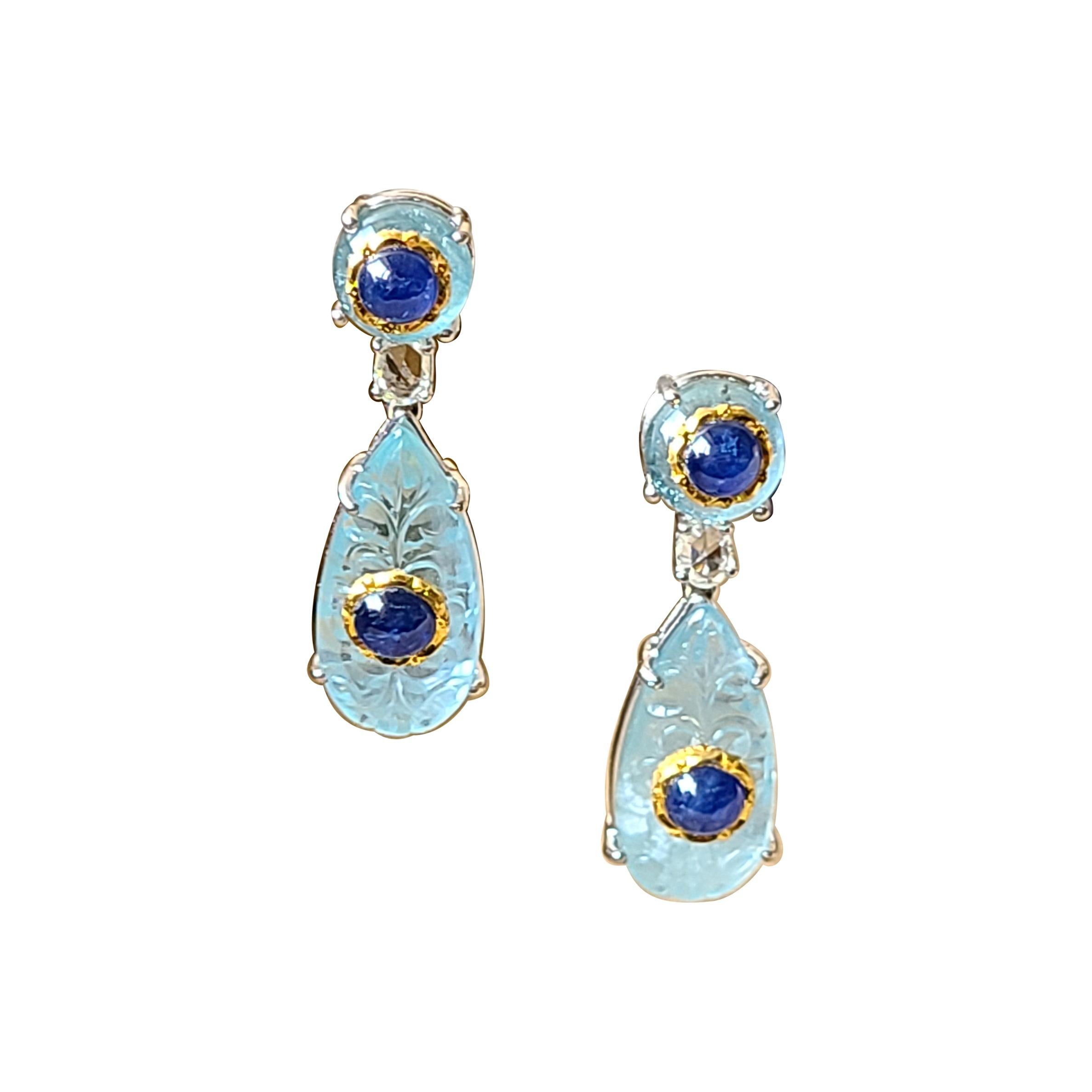 Natural Aquamarine and Burma Blue Sapphire Earrings Set in 18 Karat Gold For Sale