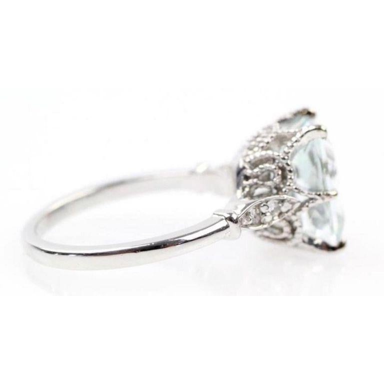 Rose Cut 3.08 Carats Natural Aquamarine and Diamond 14k White Gold Ring For Sale