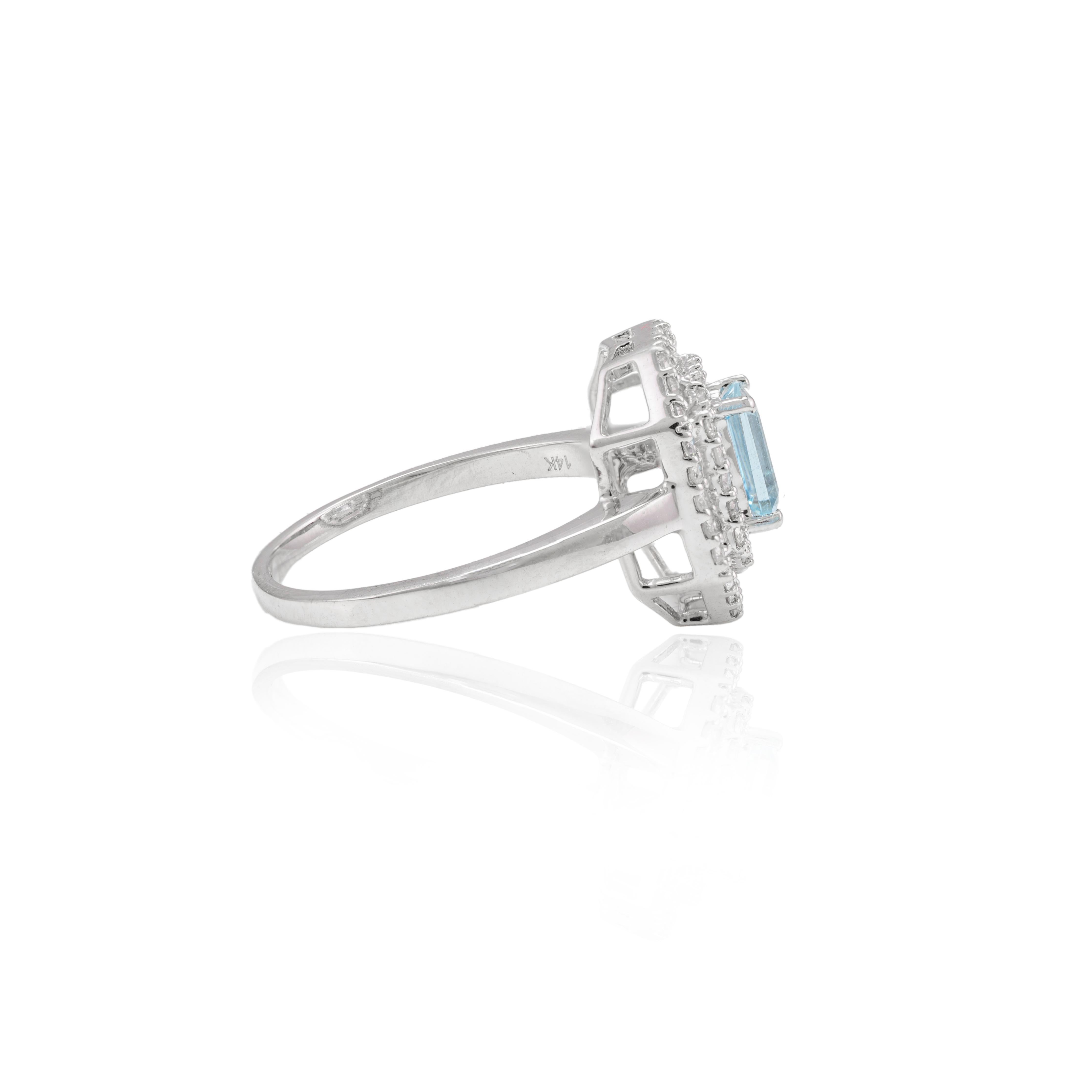 For Sale:  Octagon Aquamarine and Double Halo Diamond Ring in 14k Solid White Gold 2