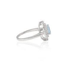 Octagon Aquamarine and Double Halo Diamond Ring in 14k Solid White Gold