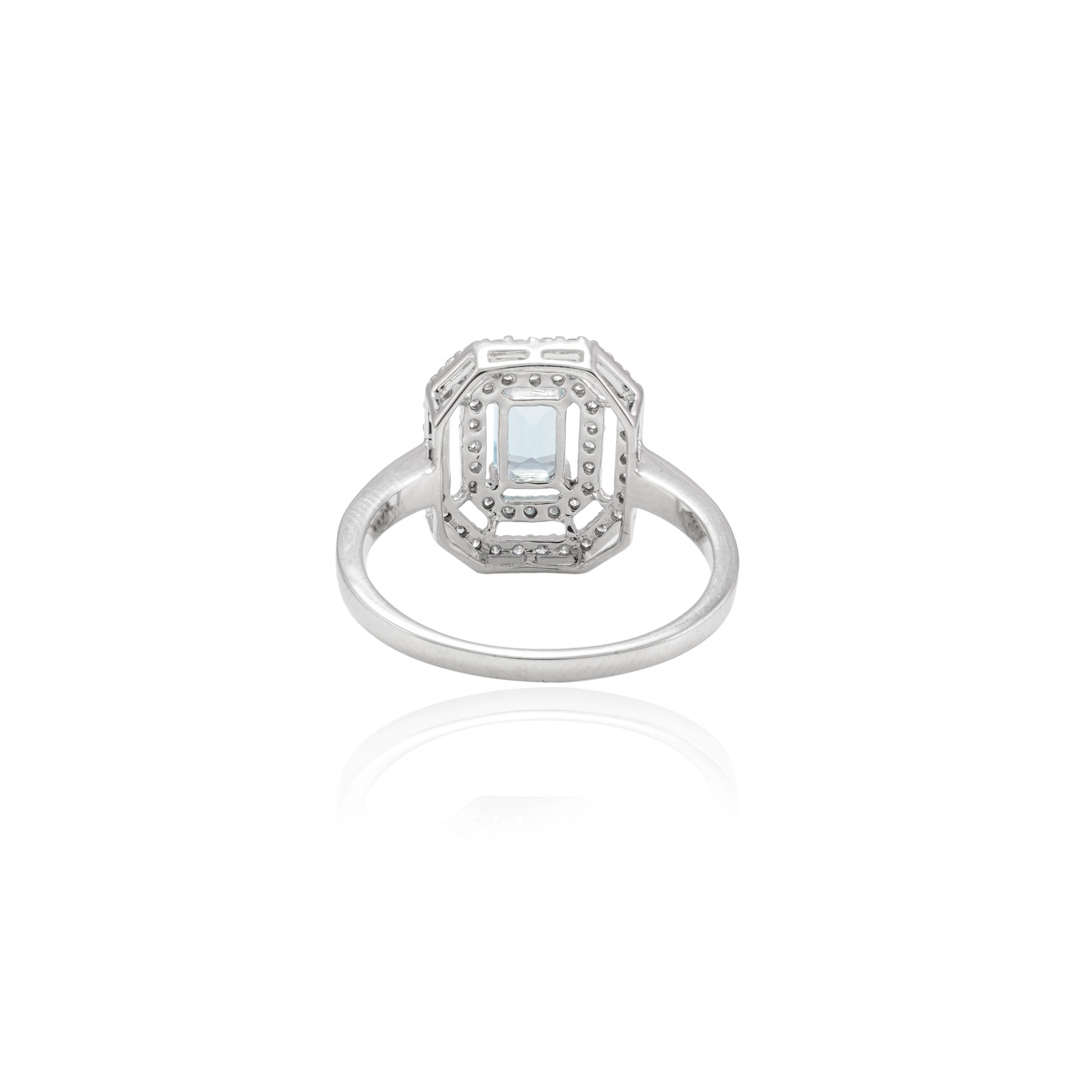 For Sale:  Octagon Aquamarine and Double Halo Diamond Ring in 14k Solid White Gold 4