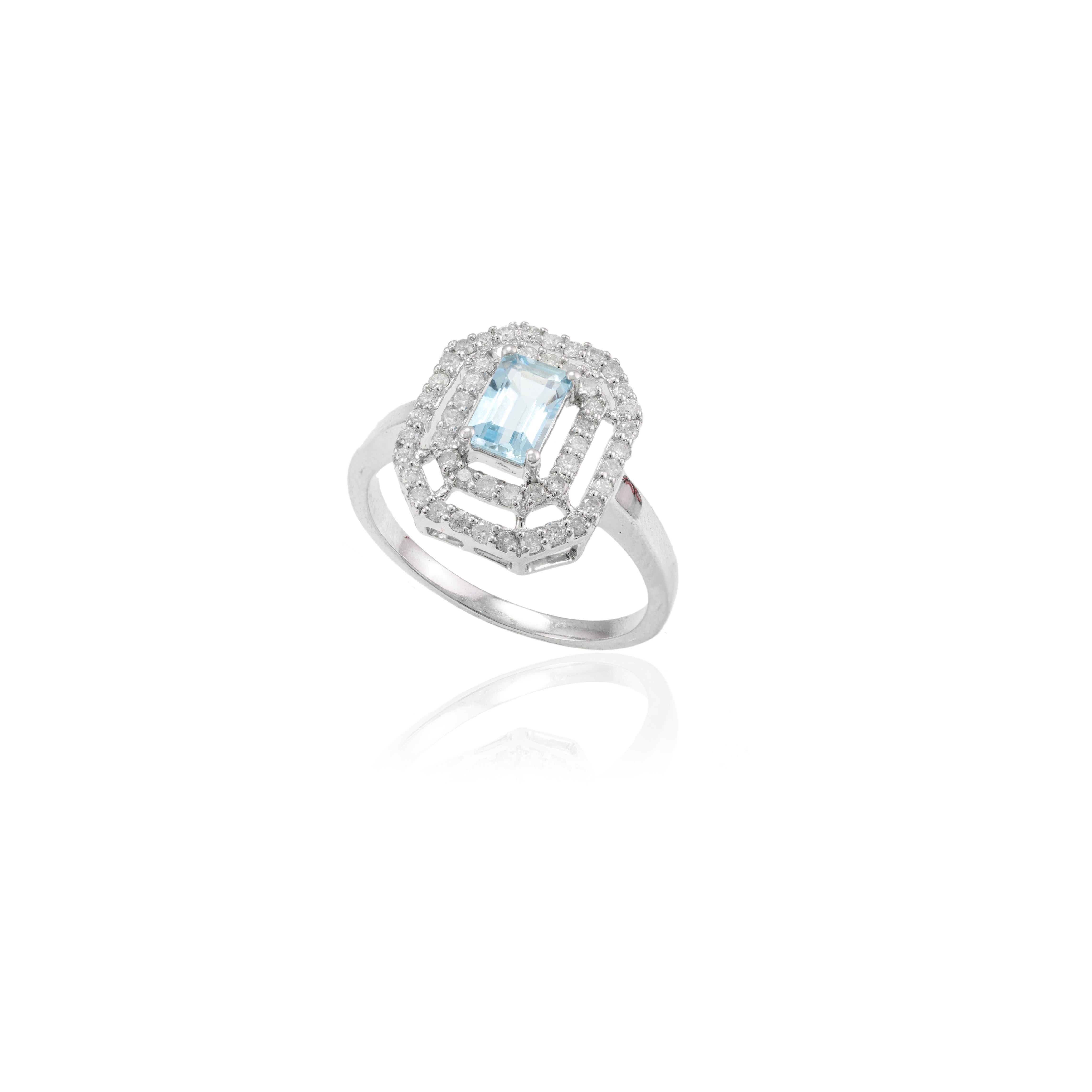 For Sale:  Octagon Aquamarine and Double Halo Diamond Ring in 14k Solid White Gold 5