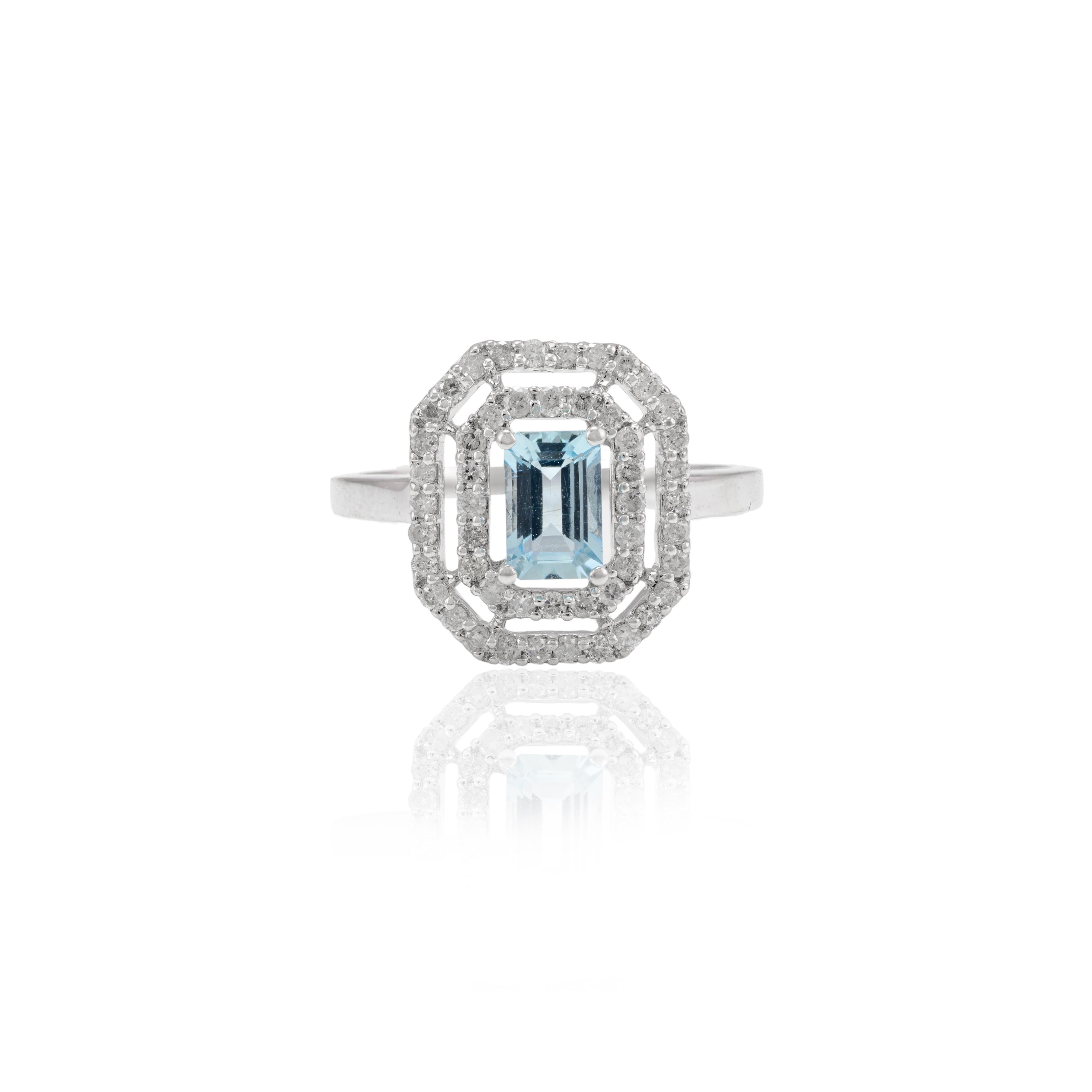 For Sale:  Octagon Aquamarine and Double Halo Diamond Ring in 14k Solid White Gold 6