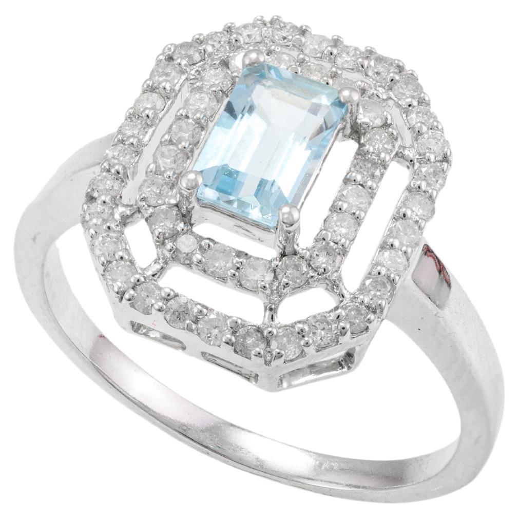 For Sale:  Octagon Aquamarine and Double Halo Diamond Ring in 14k Solid White Gold