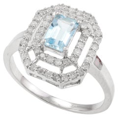 Octagon Aquamarine and Double Halo Diamond Ring in 14k Solid White Gold