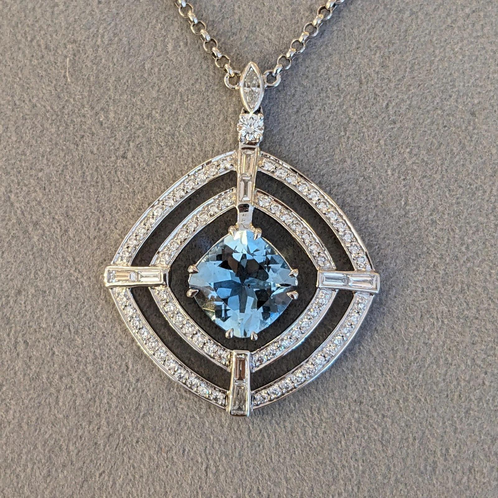 Round Cut Natural Aquamarine and Diamond Pendant Necklace in 18k White Gold For Sale