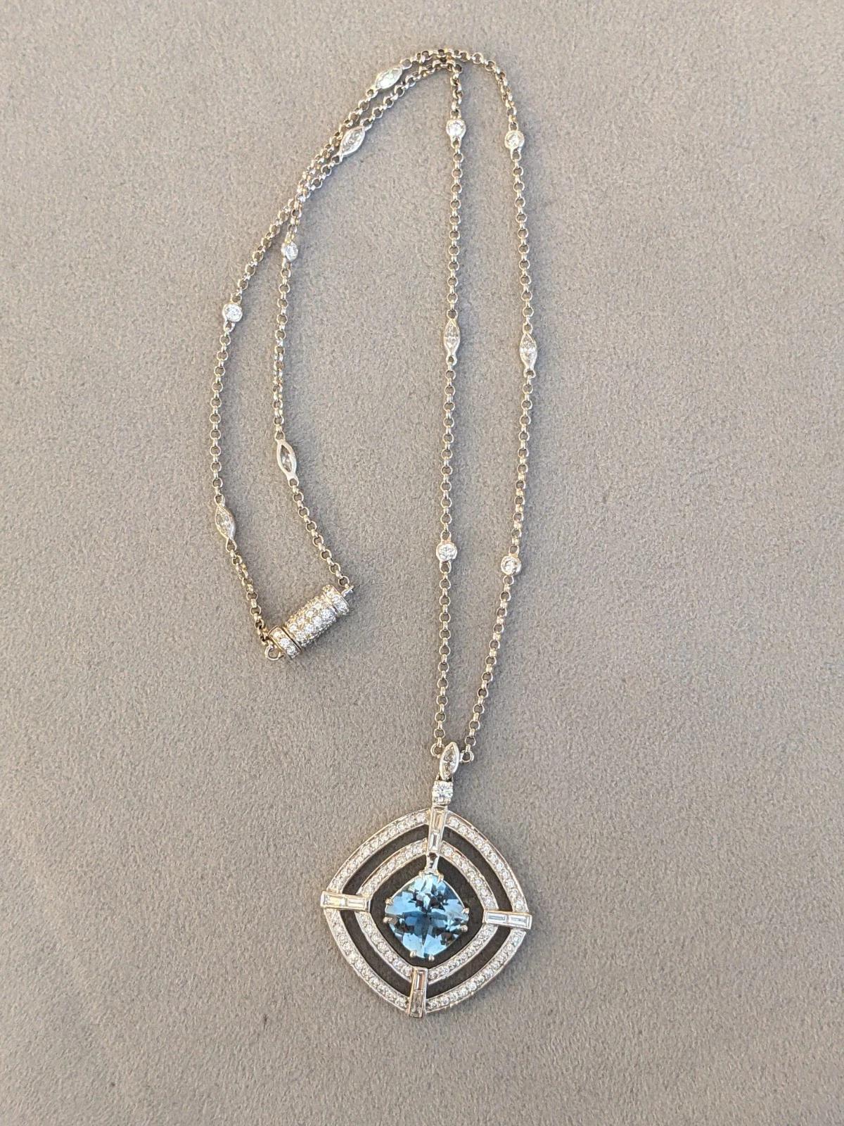 Natural Aquamarine and Diamond Pendant Necklace in 18k White Gold In Excellent Condition For Sale In La Jolla, CA