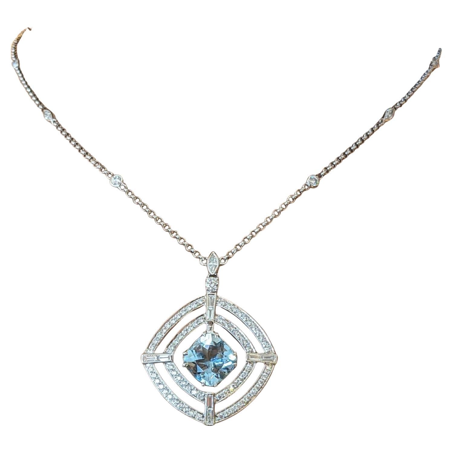Natural Aquamarine and Diamond Pendant Necklace in 18k White Gold For Sale