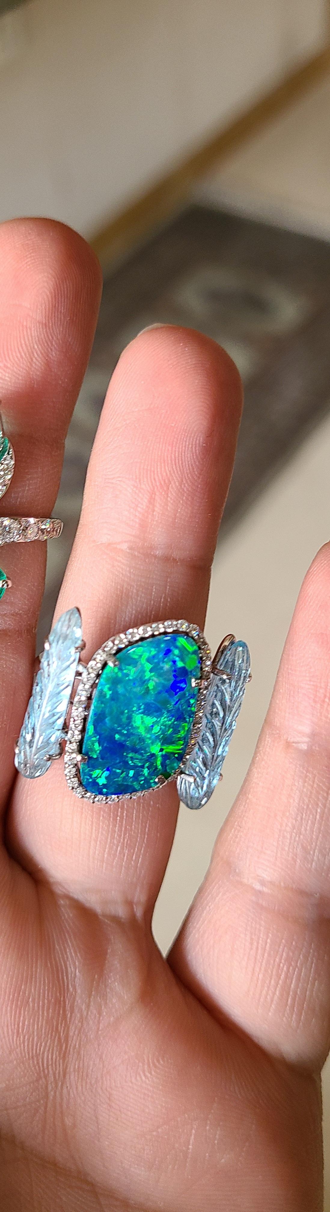 Cabochon Natural Aquamarine and Opal Ring in 18 Karat Gold with Diamonds