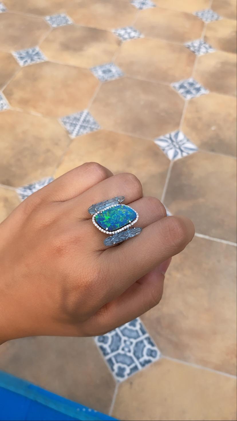 Natural Aquamarine and Opal Ring in 18 Karat Gold with Diamonds In New Condition In Hong Kong, HK