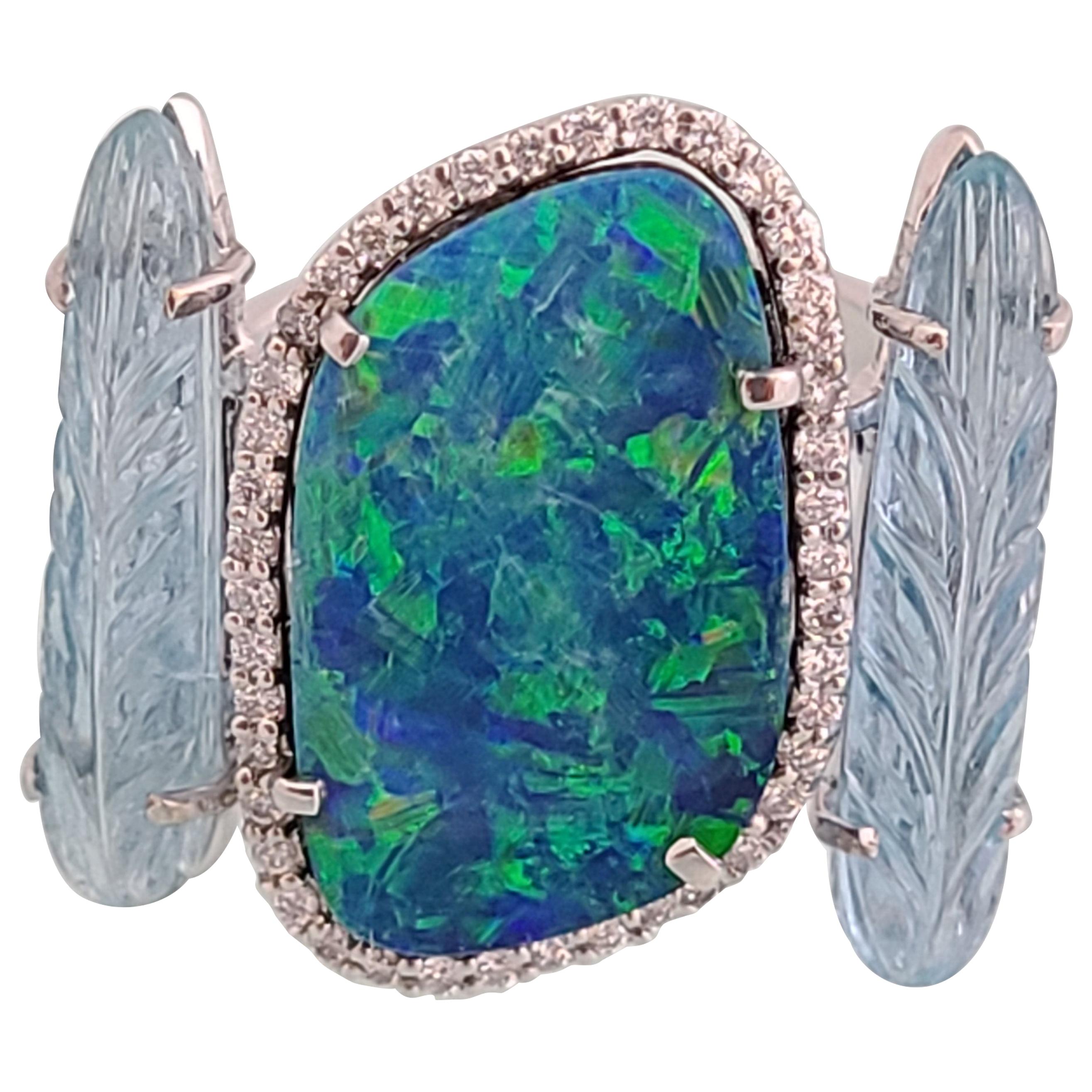 Natural Aquamarine and Opal Ring in 18 Karat Gold with Diamonds