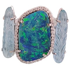 Natural Aquamarine and Opal Ring in 18 Karat Gold with Diamonds