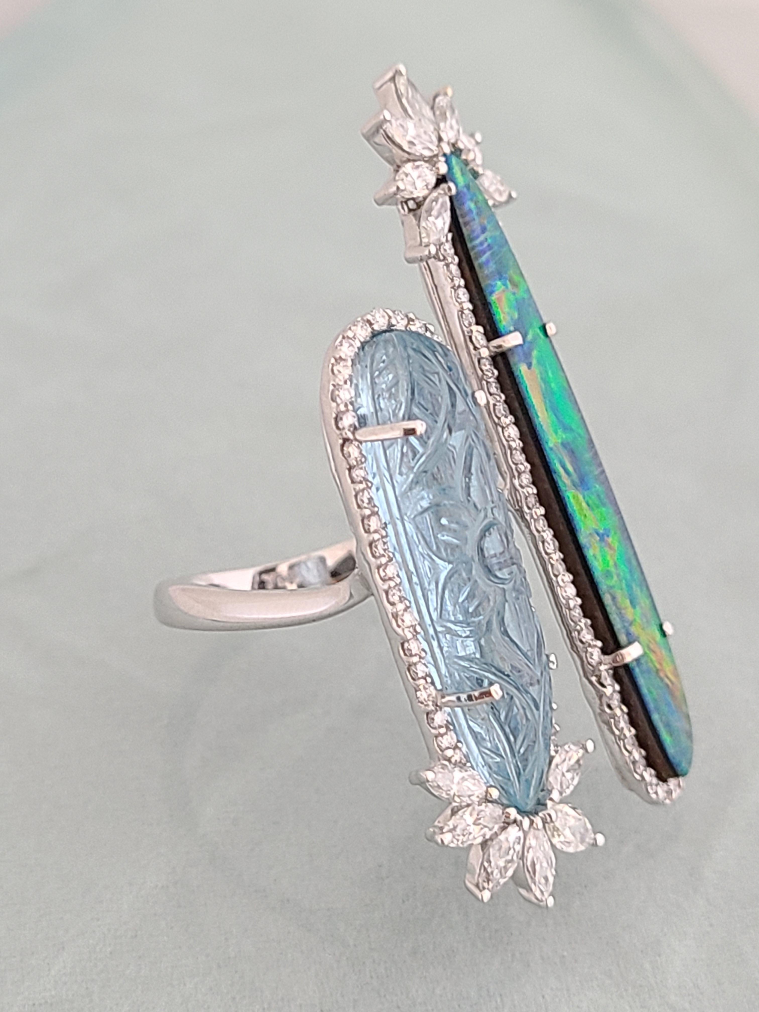 Modern Natural Aquamarine and Opal Ring Set in 18 Karat Gold with Diamonds