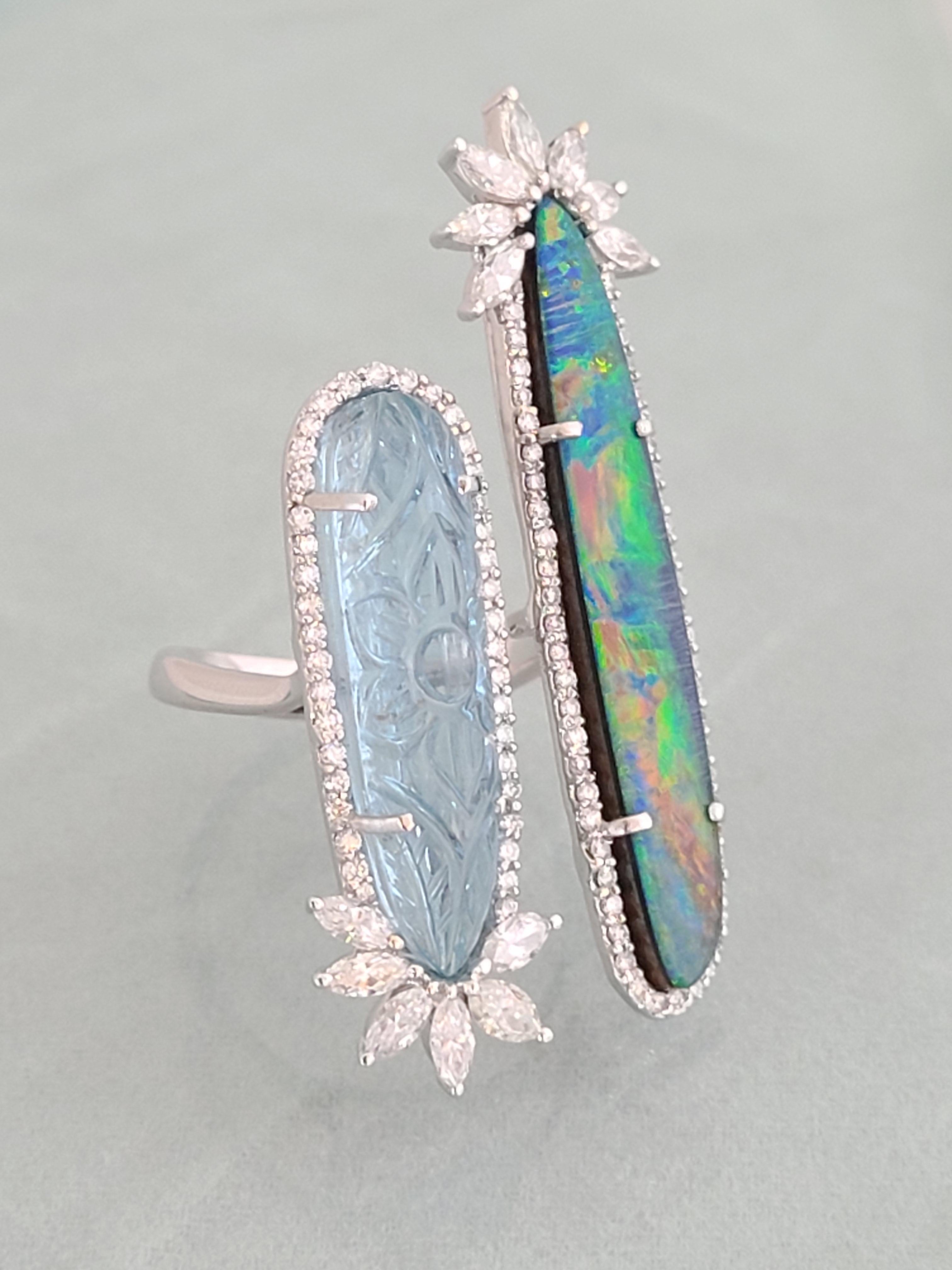 Cabochon Natural Aquamarine and Opal Ring Set in 18 Karat Gold with Diamonds