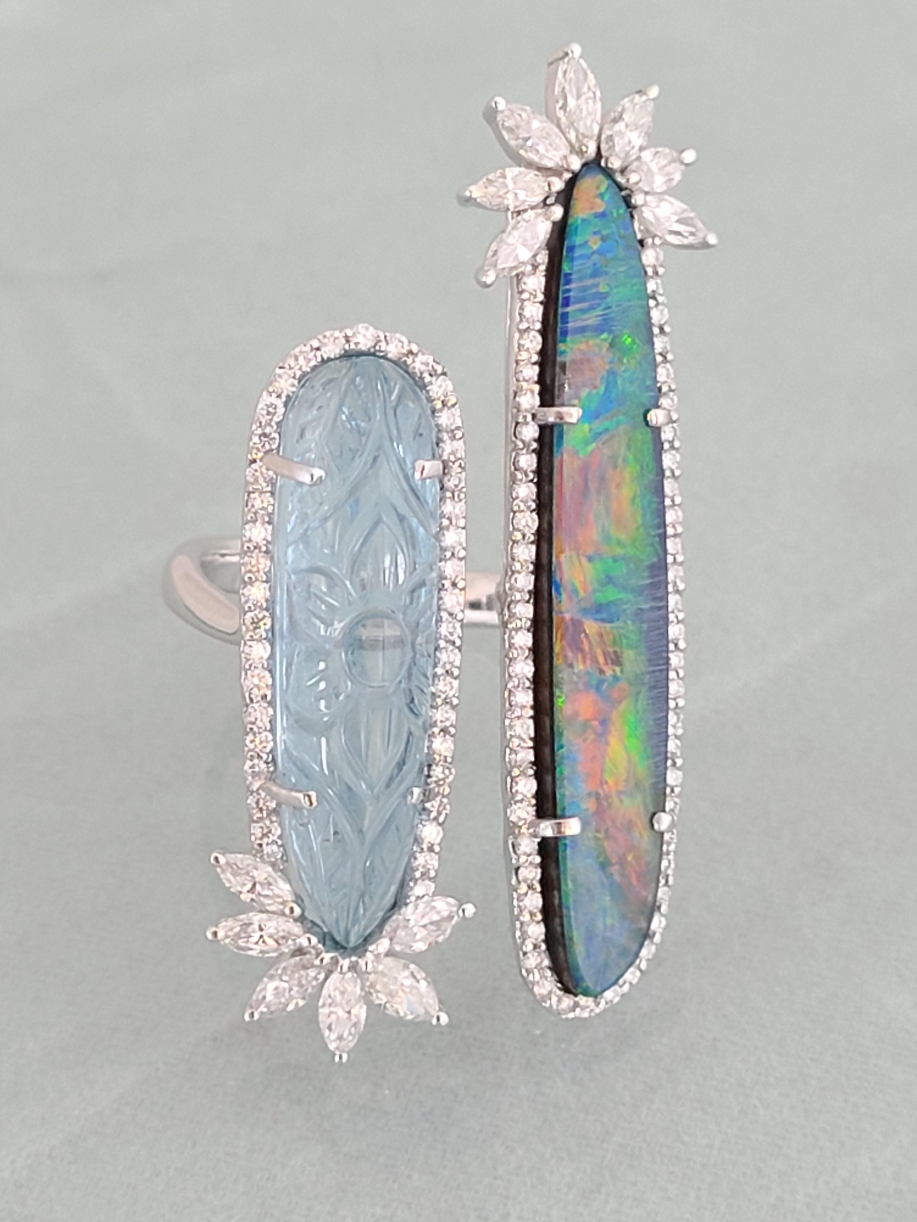 Natural Aquamarine and Opal Ring Set in 18 Karat Gold with Diamonds In New Condition In Hong Kong, HK