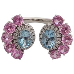 Natural Aquamarine and Pink Sapphire Ring Set in 18 Karat Gold with Diamonds