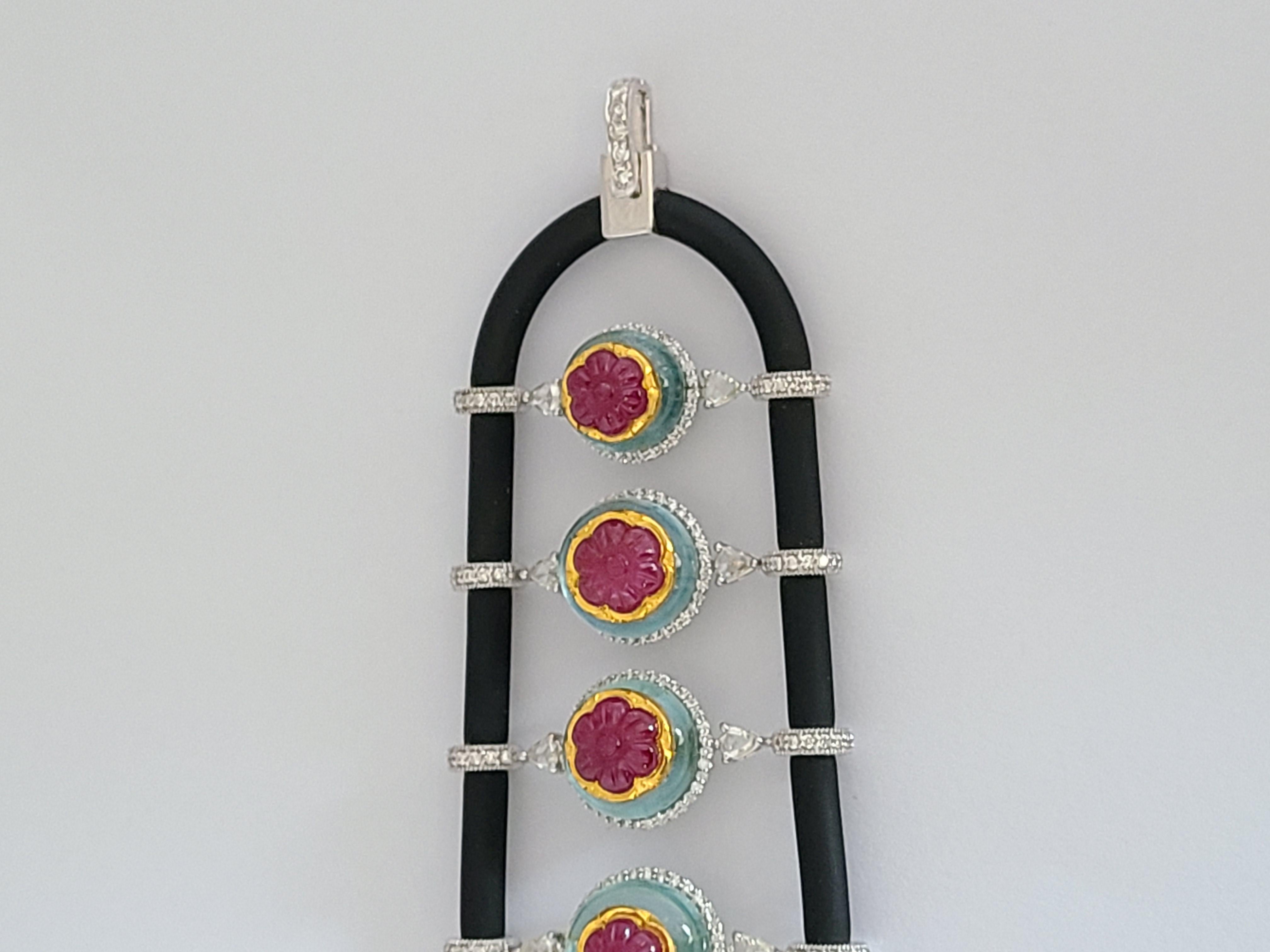 Cord-Armband aus 18 Karat Gold, Art-Déco-Stil, Aquamarin, Rubin und Diamanten (Cabochon) im Angebot