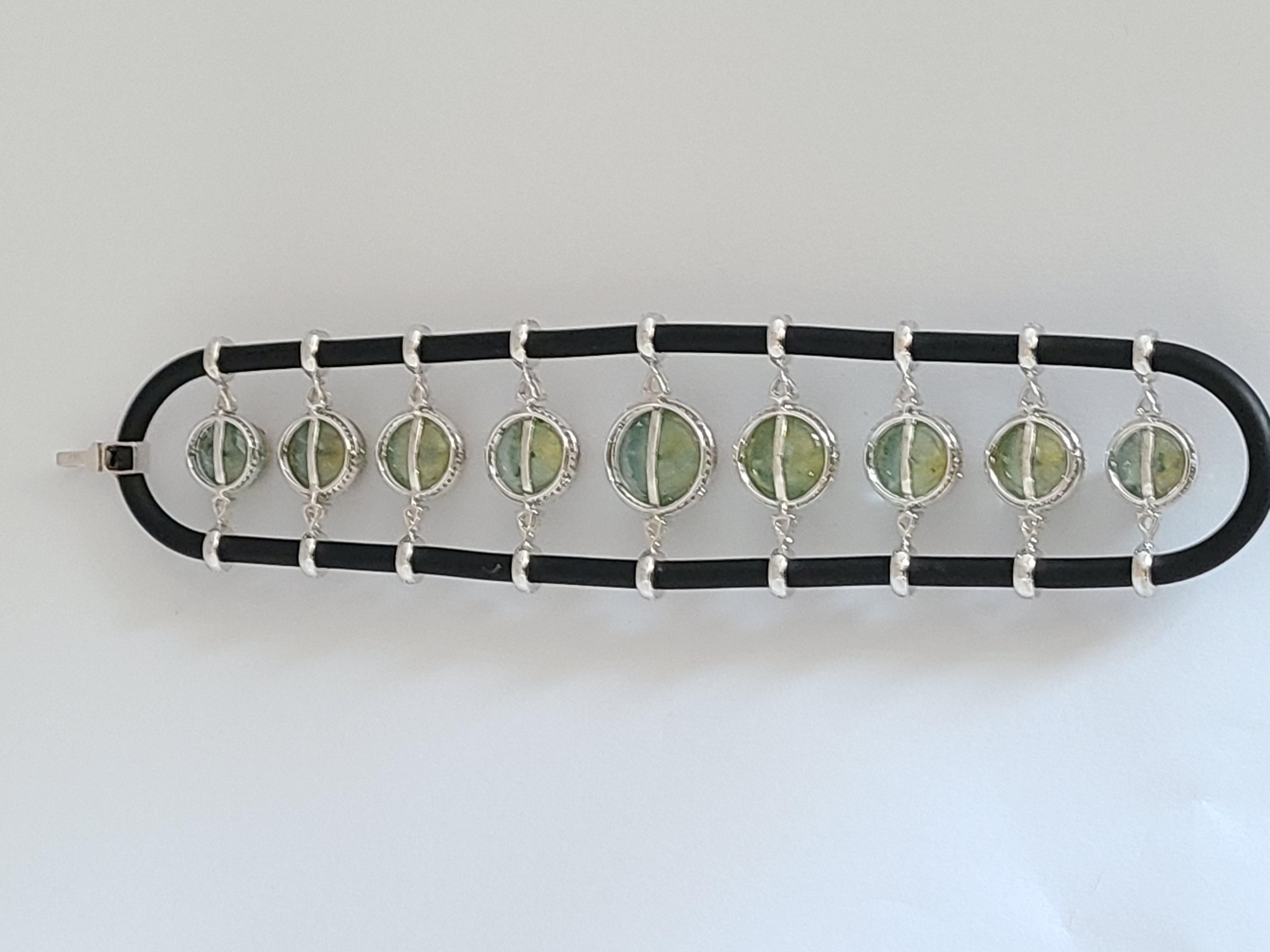 Cabochon Set in 18K Gold, Art Deco style, Aquamarine, Ruby & Diamonds Cord Bracelet  For Sale