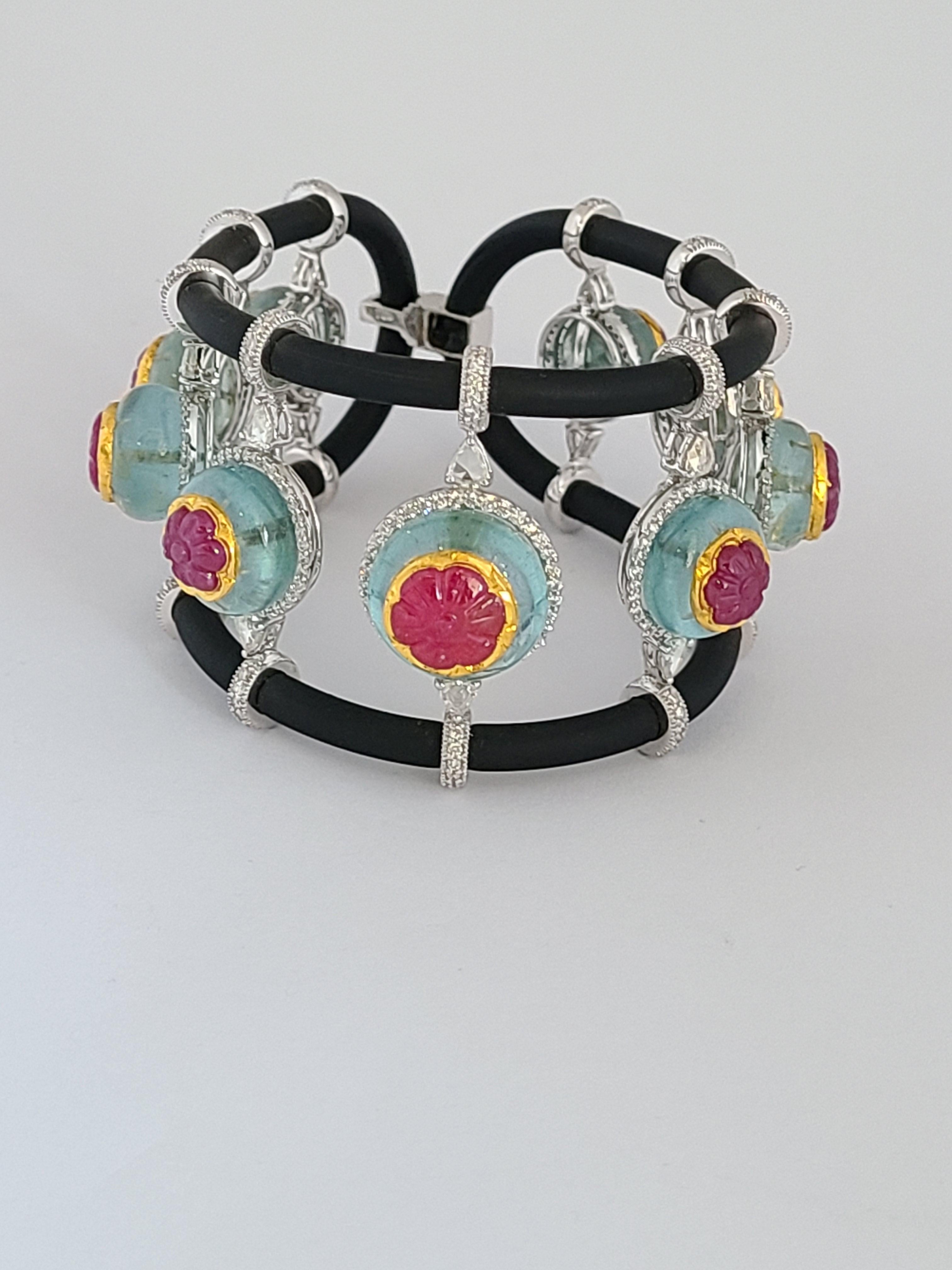 Cord-Armband aus 18 Karat Gold, Art-Déco-Stil, Aquamarin, Rubin und Diamanten im Angebot 1