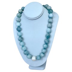 Natural Aquamarine Bead Necklace with Pearl Feature Sterling Silver Clasp