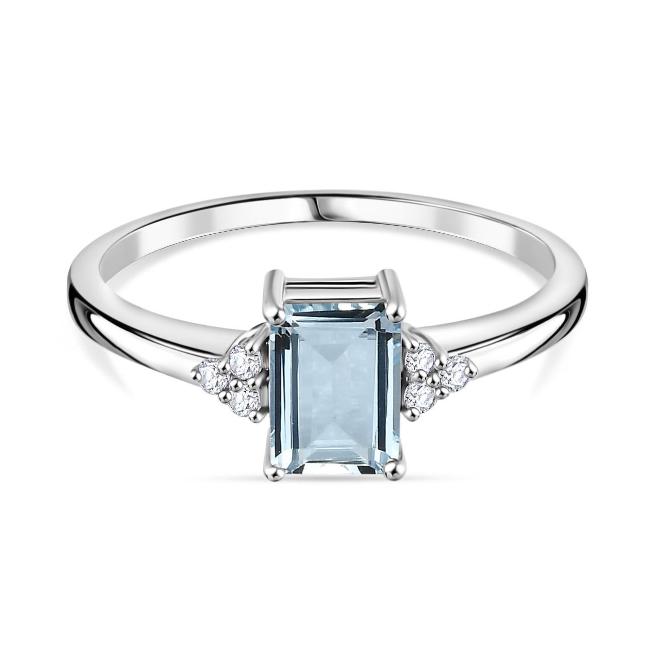 For Sale:  Natural Aquamarine Birthstone Diamond Wedding Ring for Her in 14k White Gold 6