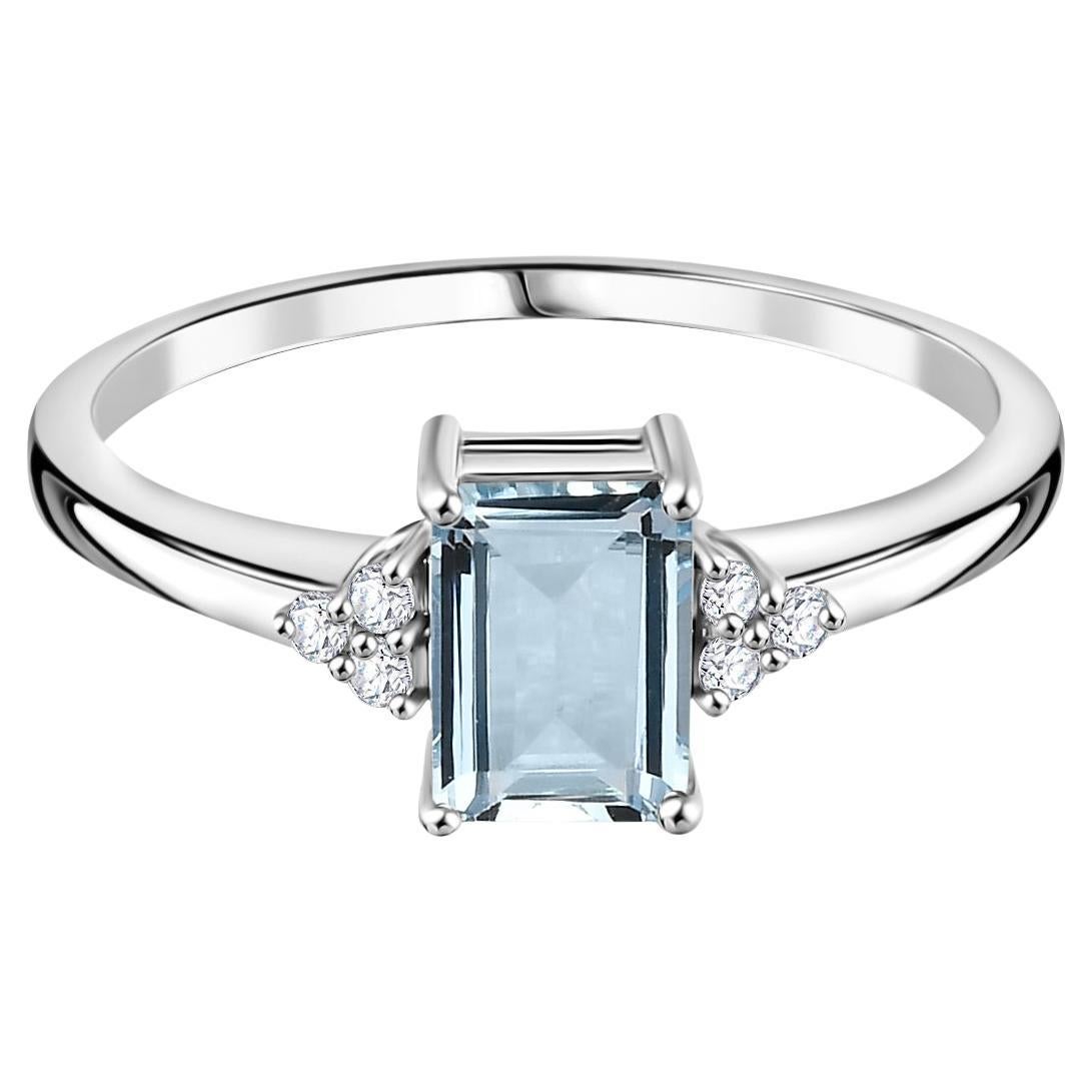 Aigue-marine naturelle, pierre de naissance, bague de mariage en or blanc 14k avec diamant pour elle